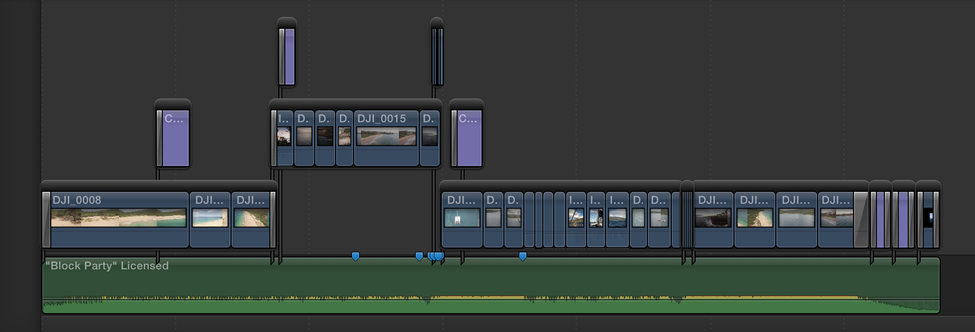 A screenshot of Final Cut Pro X showing the storyline arrangement.